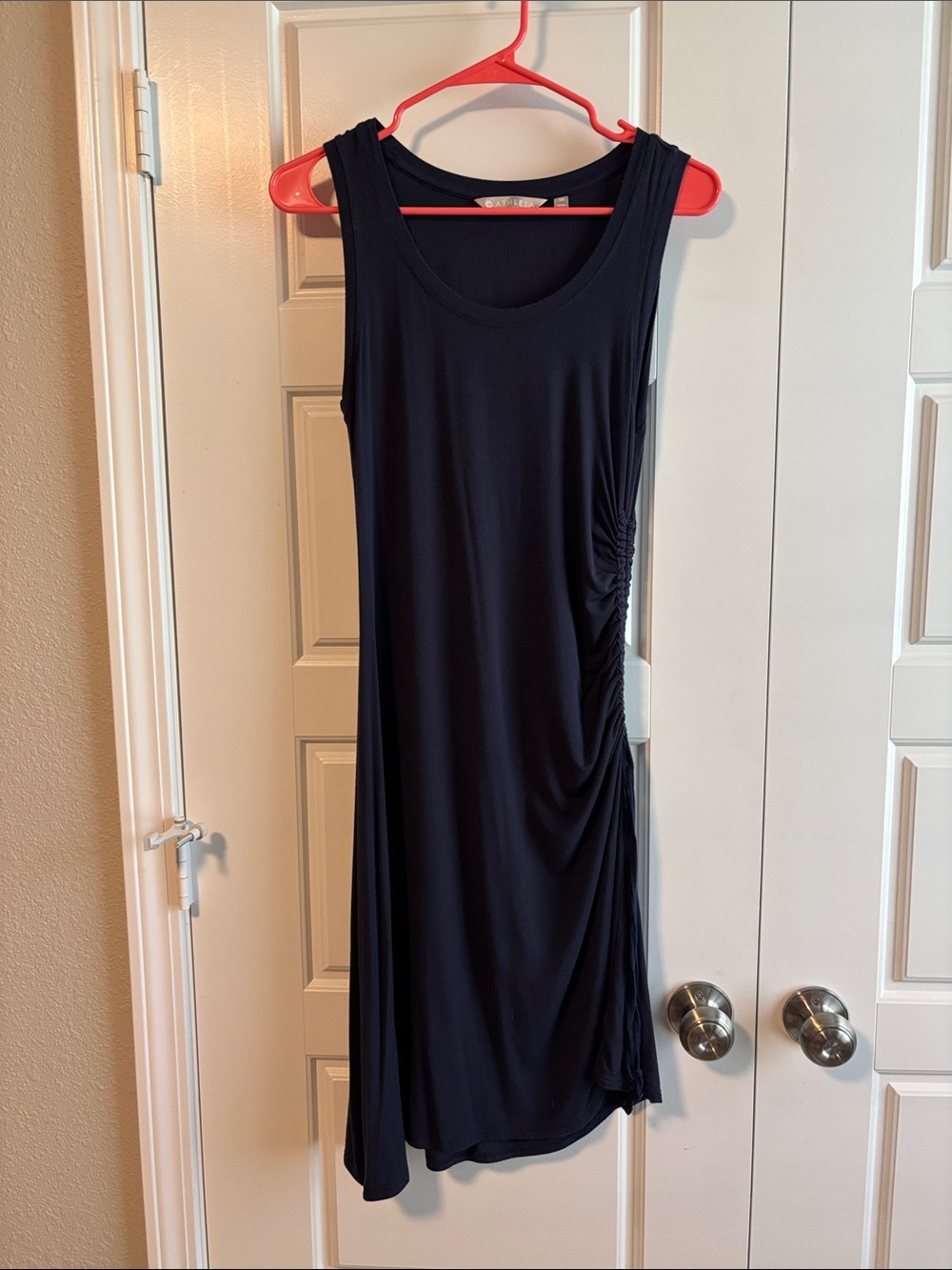 Athleta Navy Sleeveless Midi Dress with Side Ruching